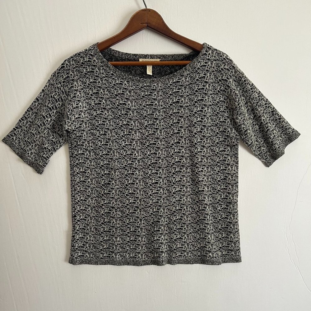 Eileen Fisher Tee Shirt Top Black w/Ivory Lace Overlay Organic Linen Blend XS